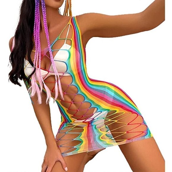 🌈 Rainbow Fishnet Stockings Mesh Lingerie Bodysuit Party Rave Boho Cosplay NWT - Picture 3 of 5